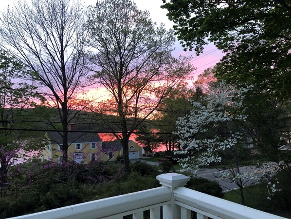 A residential area with a house, trees, and a sunset.