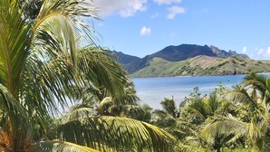 A bench overlooking a tropical landscape with palm trees and a view of a mountain range across a body of water.