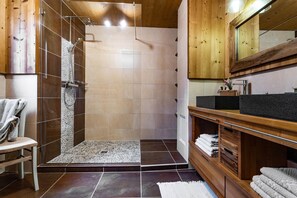 Regadera, secadora de cabello, toallas, papel de baño 