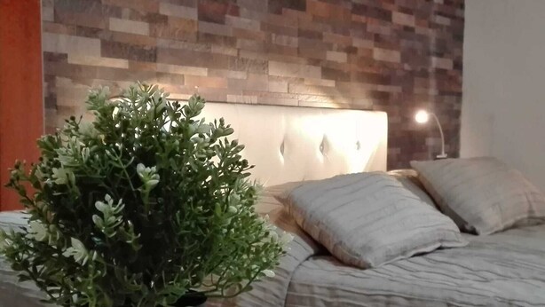 A bedroom with a bed, pillows, a bedside table, and a potted plant.