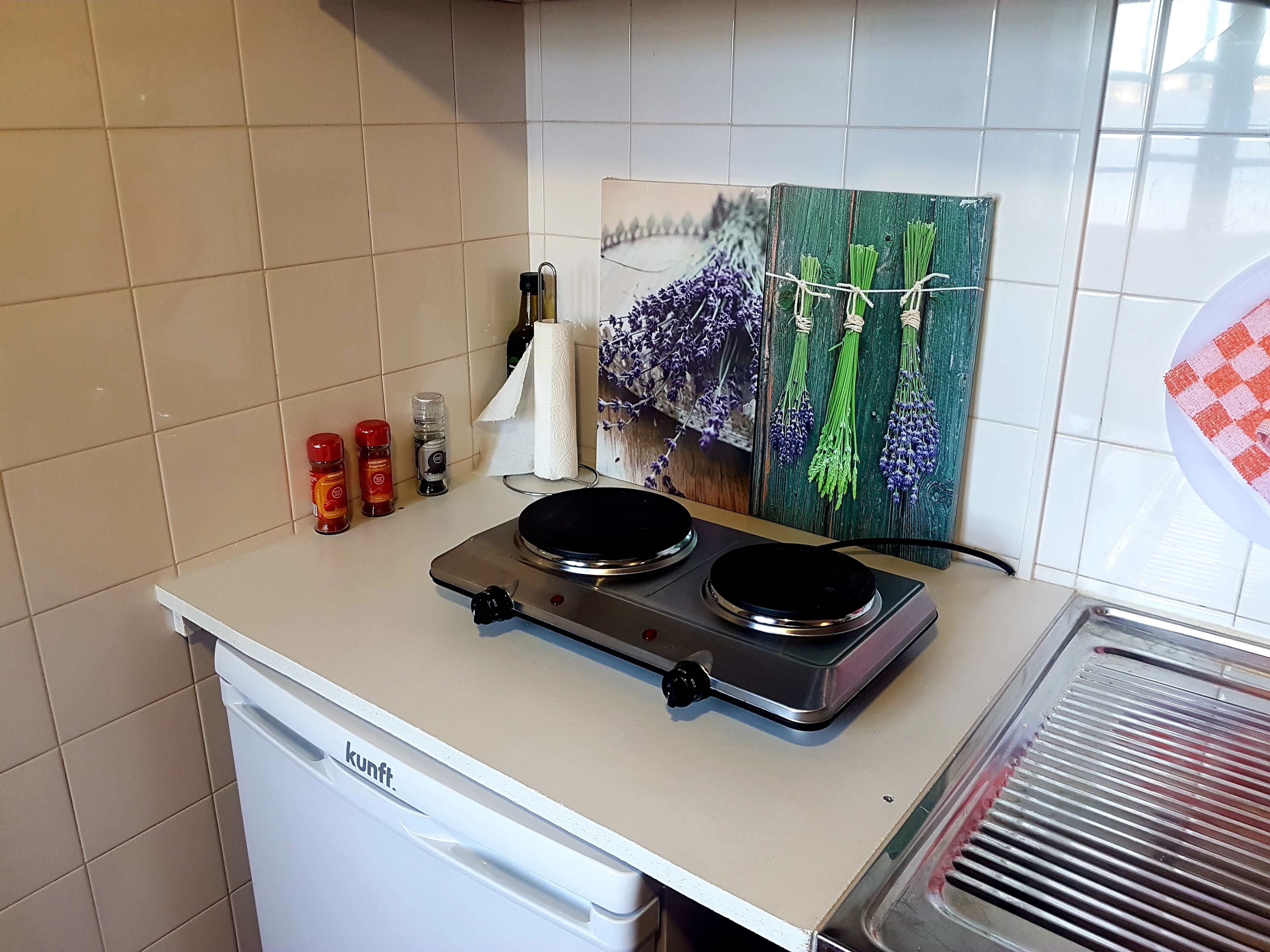 Fridge, microwave, stovetop, coffee/tea maker