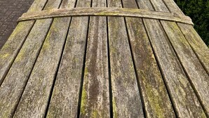 A wooden bench with a metal backrest, situated by a canal with boats and houses in the background.