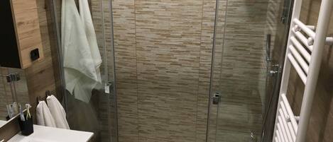 Shower, hair dryer, bidet, towels