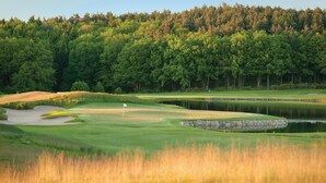 Un campo de golf con un estanque, búnkeres de arena y una bandera en el green.