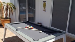 Ein Billardtisch mit Kugeln, eine Topfpflanze und eine Schiebetür.