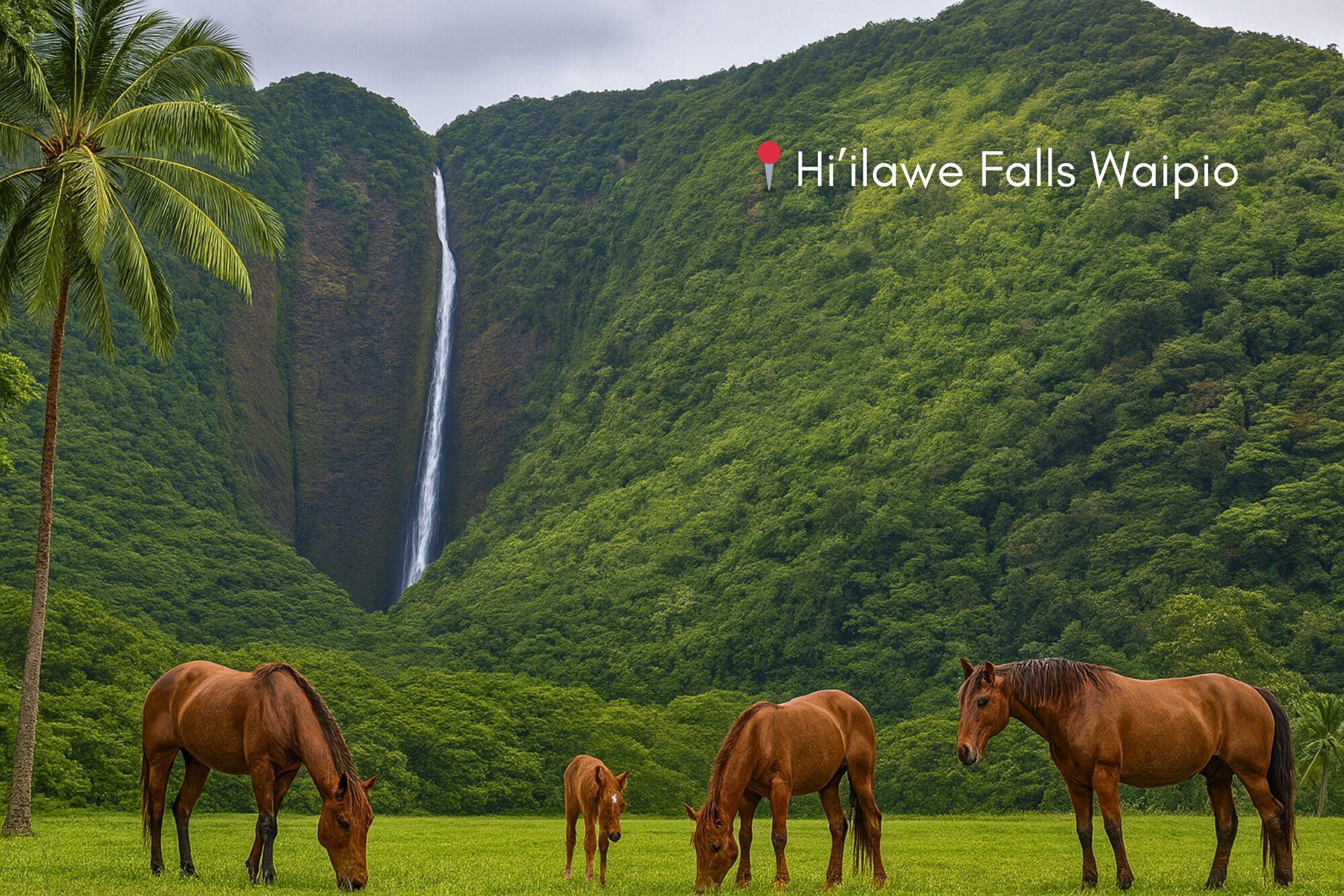 Une cascade entourée d’une végétation luxuriante, et deux chevaux qui paissent.