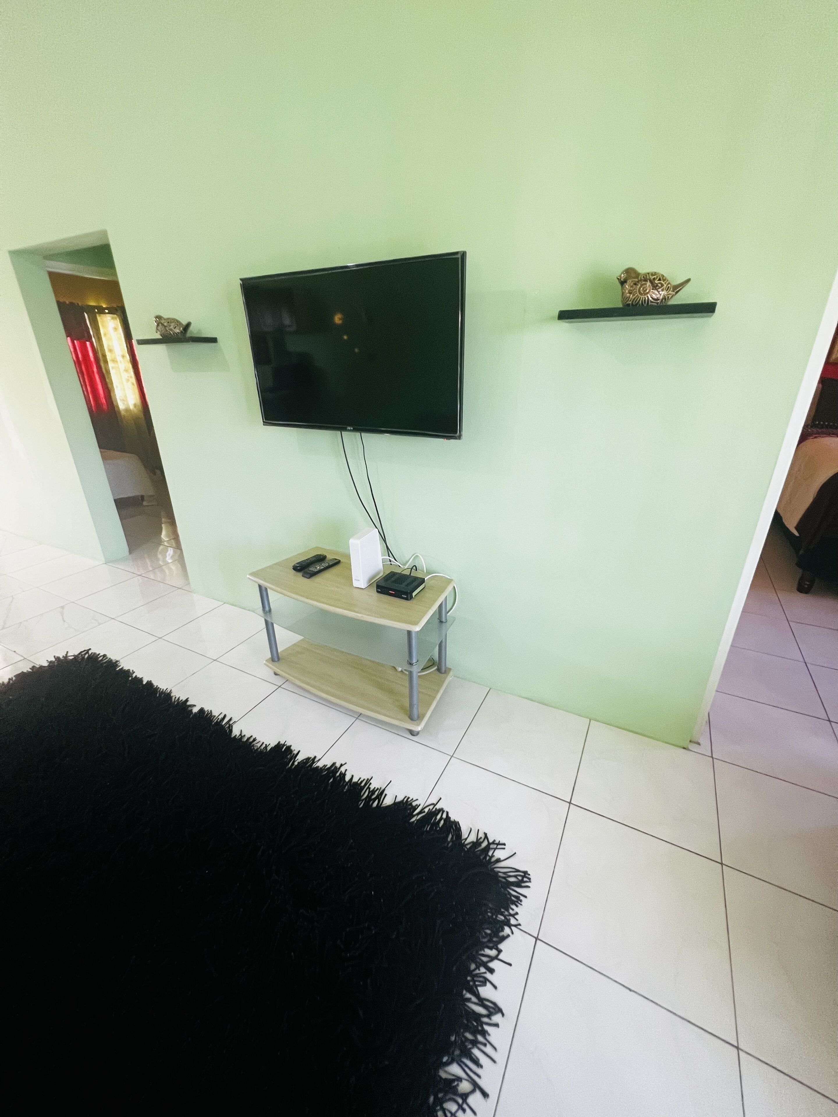 A living room with a flat-screen TV mounted on the wall, a small wooden table with a remote control and a power strip, a black furry rug, and a green wall.