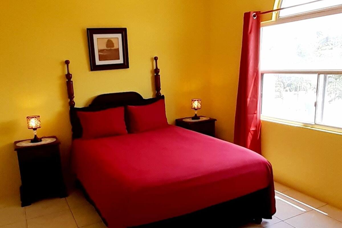 A bedroom with a red bed, two bedside tables with lamps, a framed picture on the wall, and a window with curtains.