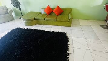 Una sala de estar con un sofá verde, dos cojines rojos, un alfombra mullida negra, un ventilador y un reloj de pared.