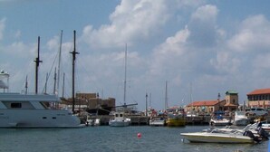 Un port de plaisance où sont amarrés différents types de bateaux, un ciel dégagé et des bâtiments en arrière-plan.