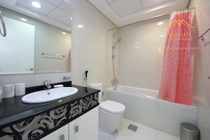 Combined shower/bathtub, free toiletries, hair dryer, bidet