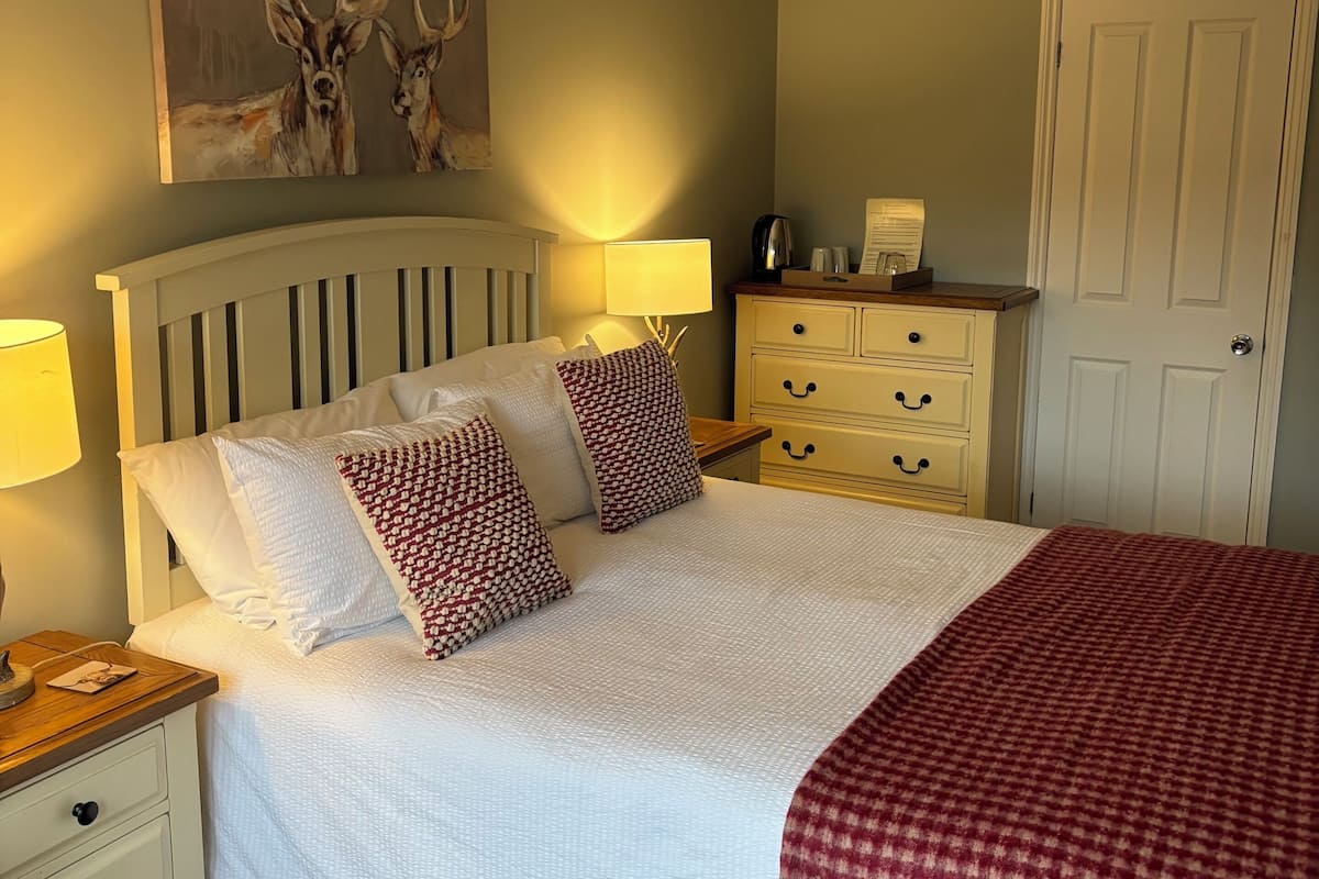 Une chambre à coucher avec un lit, des tables de chevet, une lampe, un tableau, une commode et une porte.