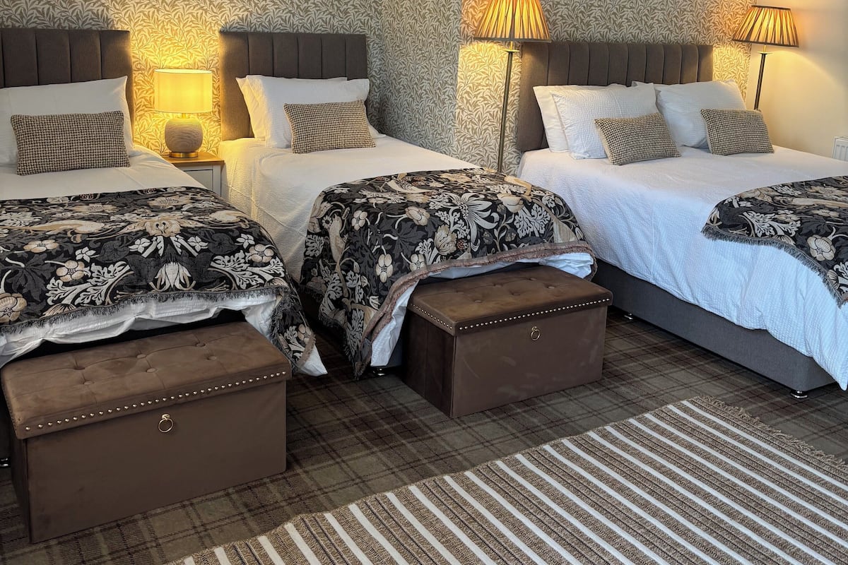 Une chambre d’hôtel avec trois lits, chacun recouvert d’une couvre-lit à motifs différents, et un grand mur orné d’un motif décoratif.