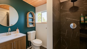 A bathroom with a white sink, a toilet, a mirror, and a shower area with a dark tiled wall.