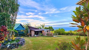 A house with a blue roof, a garden with various plants, and a view of the ocean.
