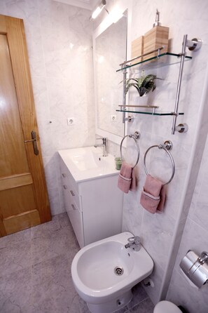 Combined shower/bathtub, hair dryer, bidet, towels