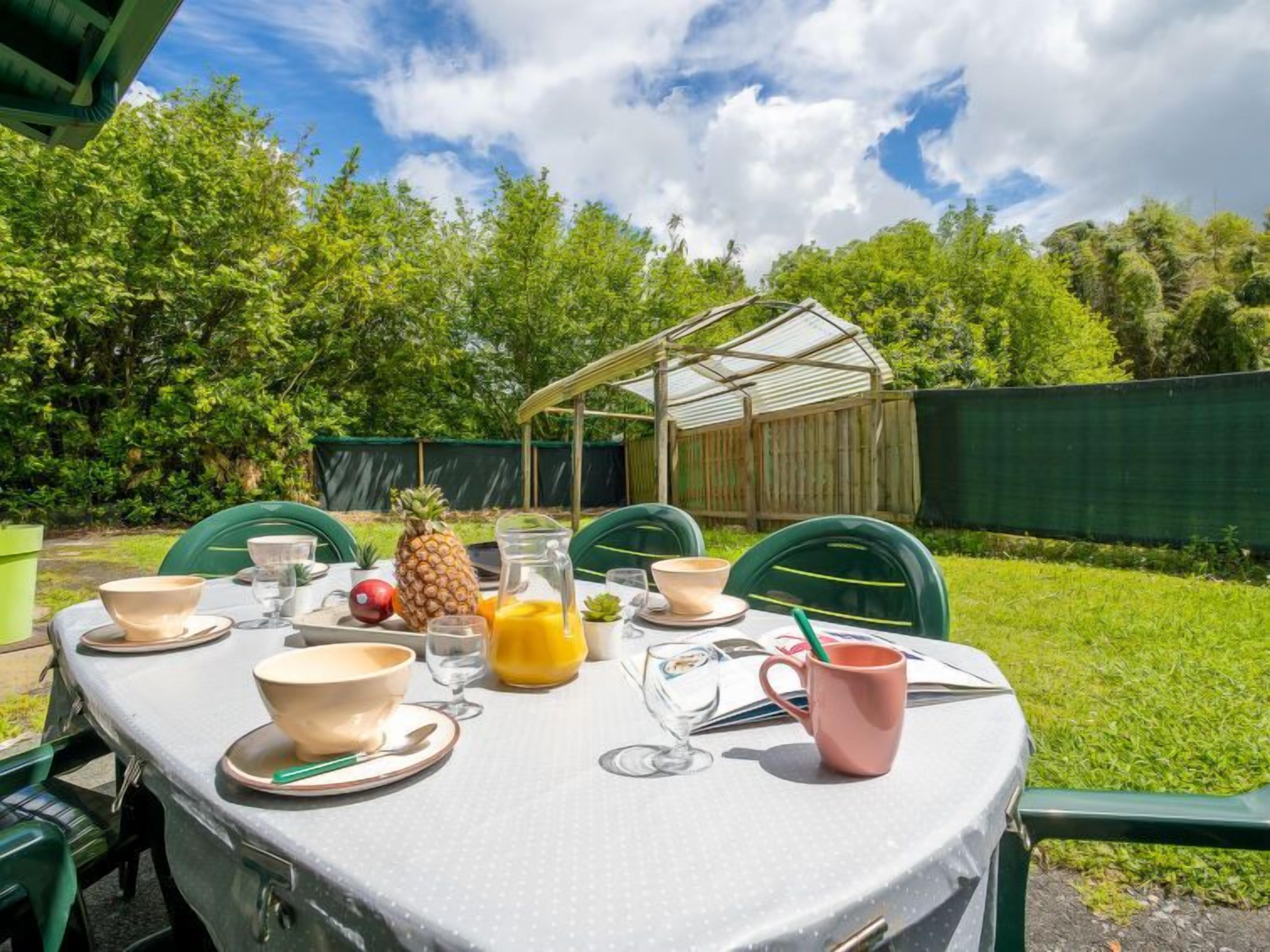 A table set outdoors with a tablecloth, plates, bowls, glasses, a pitcher of orange juice, a pineapple, and a pink mug.