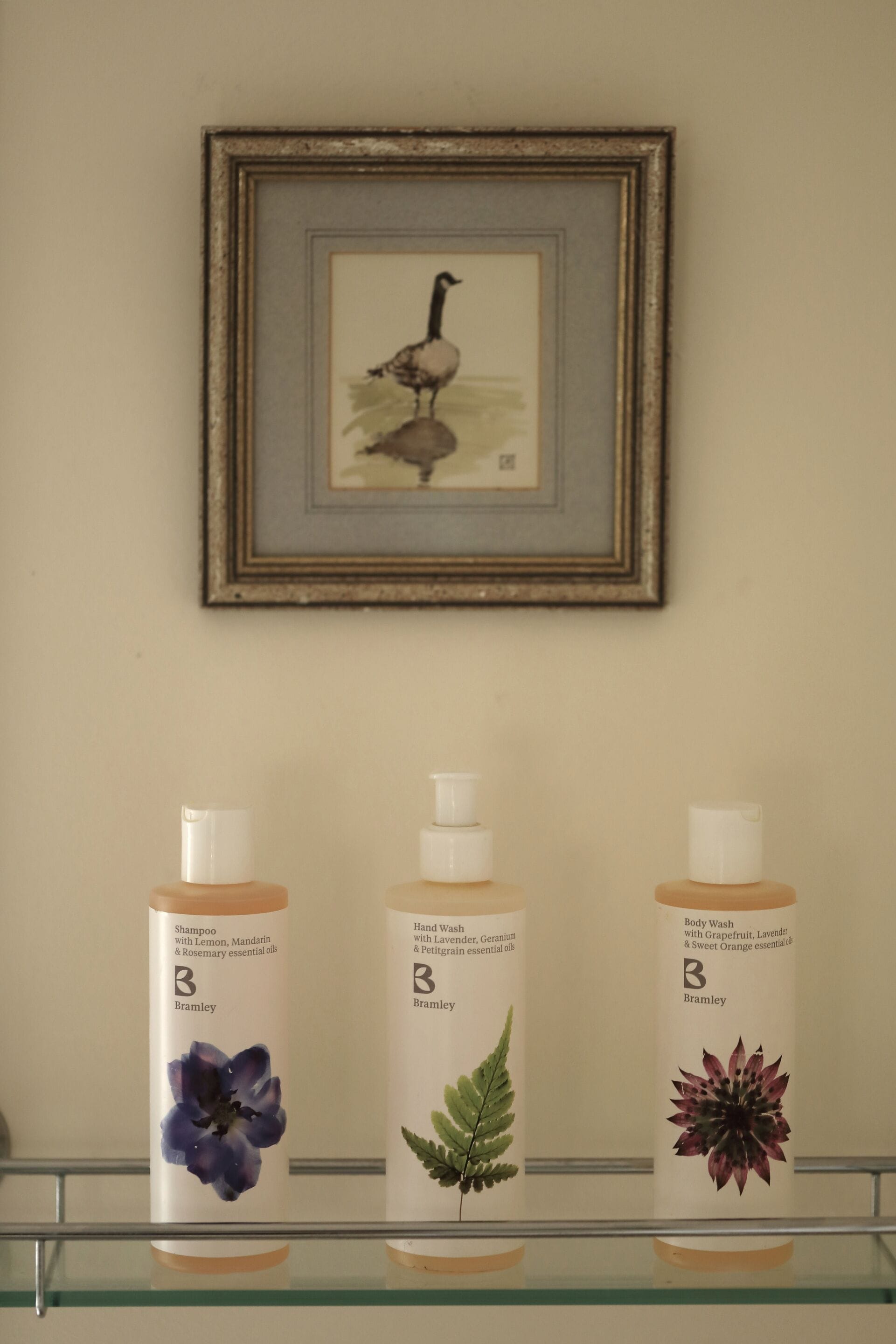 Tres botellas de gel de baño Bralley sobre una repisa.