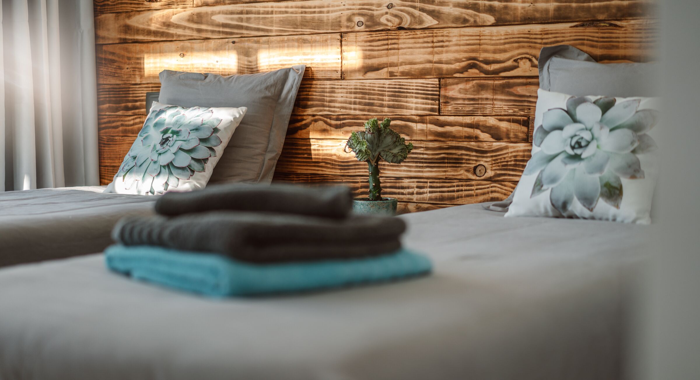 A neatly made bed with a wooden headboard, a small potted plant, and decorative pillows.