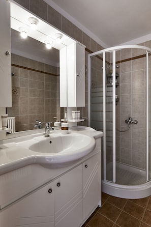 Shower, hair dryer, towels, soap