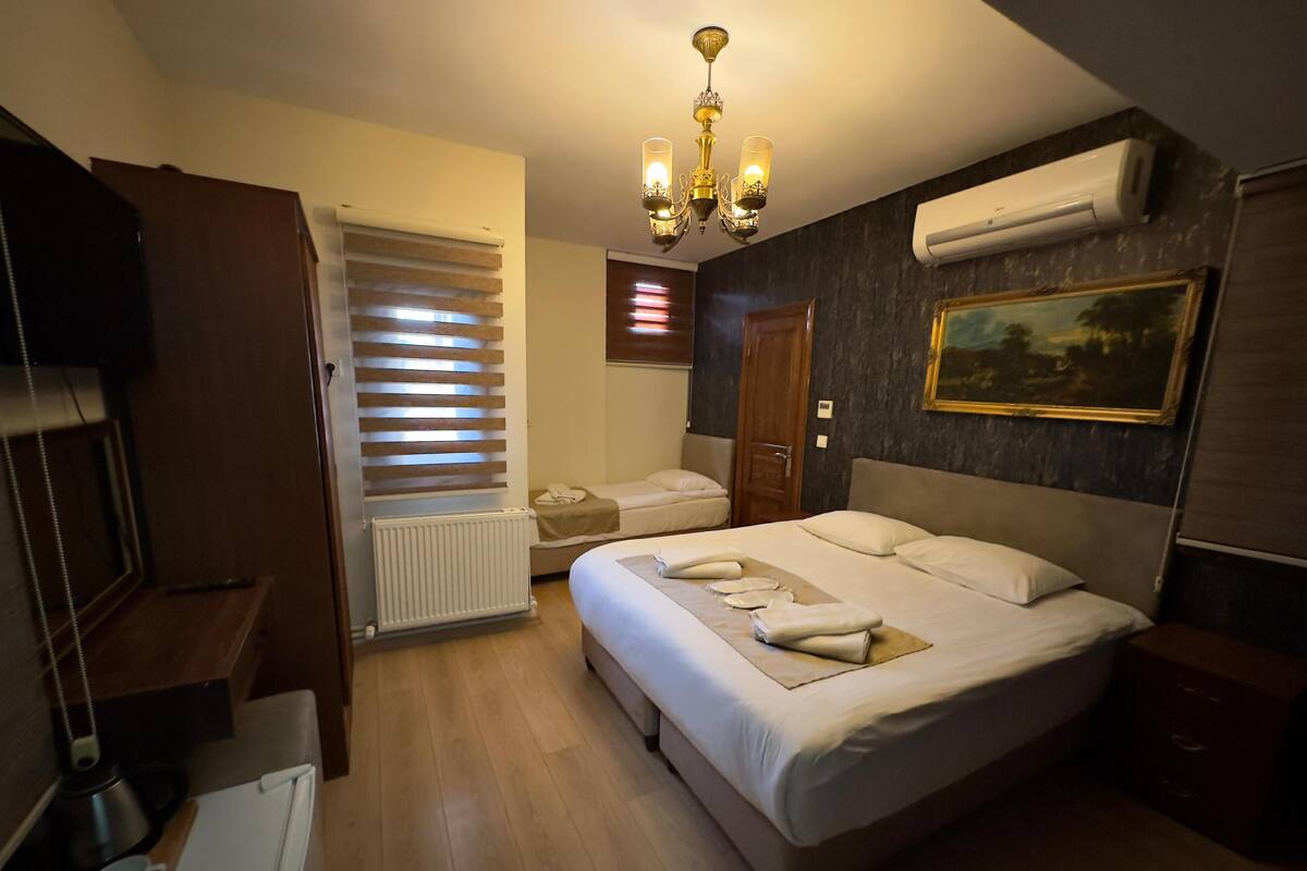 Une chambre d’hôtel avec un grand lit, une commode, un radiateur, une télévision et un tableau au mur.