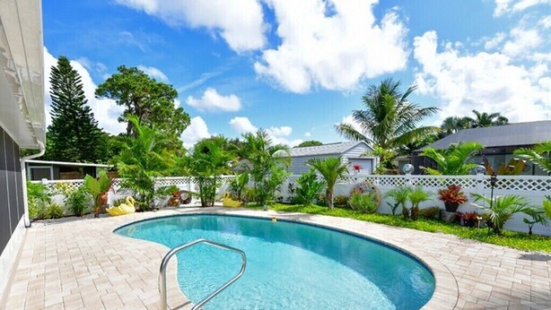 A swimming pool with a metal ladder, surrounded by a brick patio and various tropical plants.