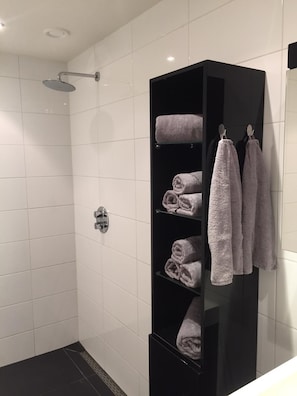 Combined shower/tub, jetted tub, hair dryer, towels