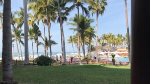 Blick auf einen Strand mit Palmen, einem eingezäunten Rasenbereich und einem Pool.