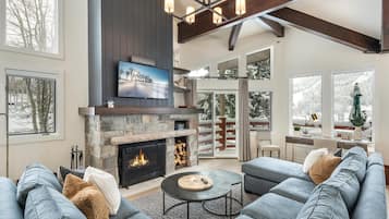 Flat-screen TV, fireplace, video games, books