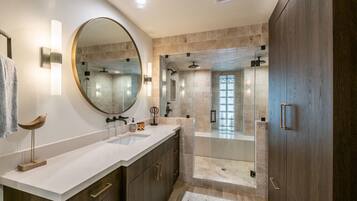 Rainfall showerhead, hair dryer, towels, soap