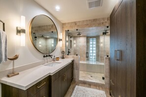 Rainfall showerhead, hair dryer, towels, soap