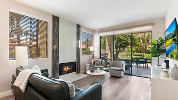 Smart TV, fireplace, DVD player, books