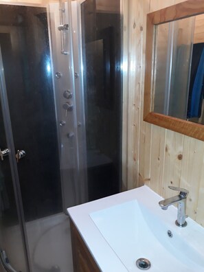 Shower, towels, toilet paper