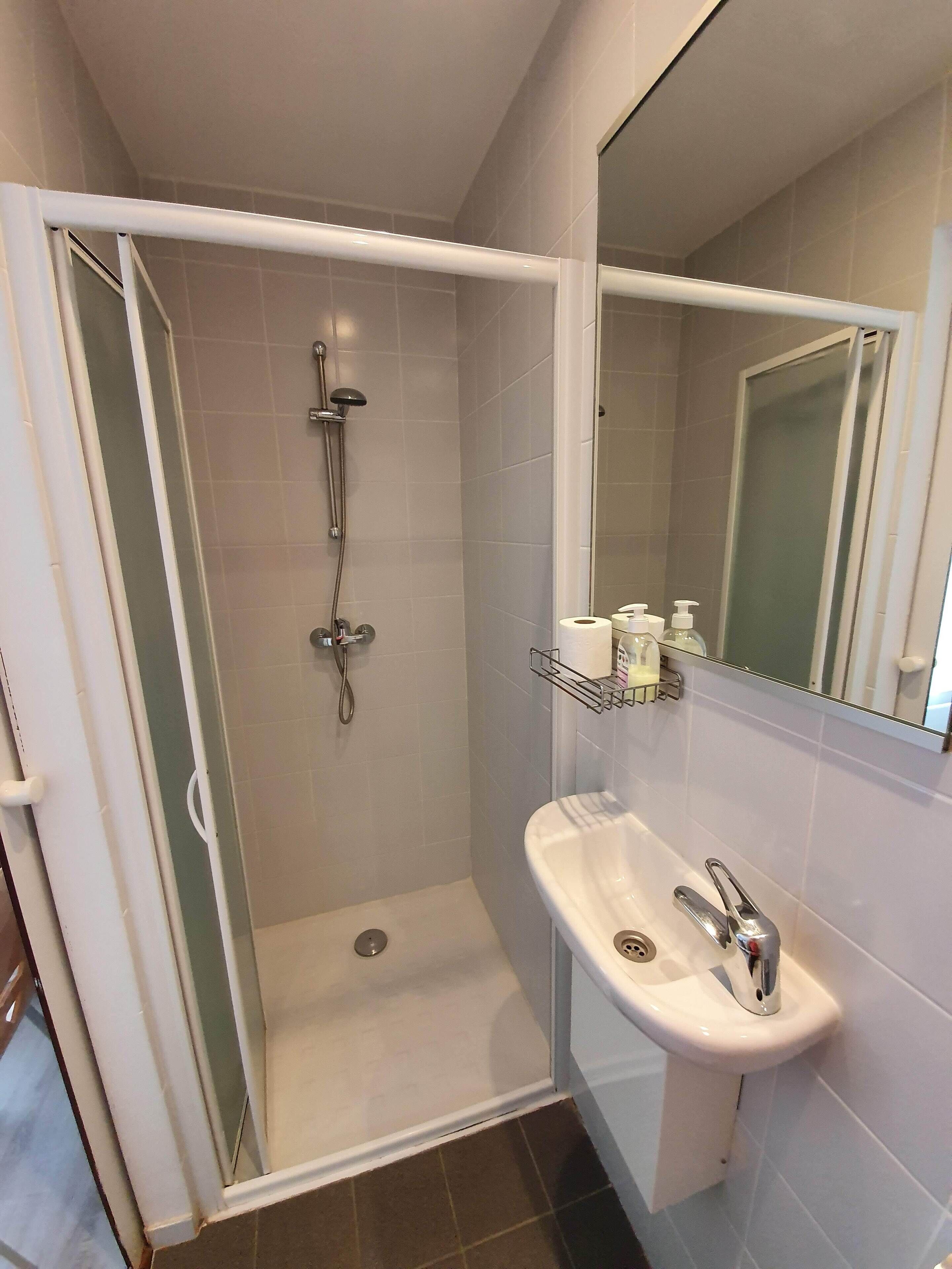 A modern bathroom with a glass-enclosed shower, a white sink with a chrome faucet, and a mirror above the sink.