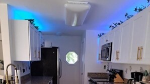 Une cuisine moderne avec des meubles blancs, un plan de travail en granit, un réfrigérateur en acier inoxydable, un four à micro-ondes et une cuisinière. Une petite fenêtre offre une vue sur la verdure.