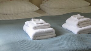 Een hotelkamer met twee bedden, elk met hoofdborden in bloemenprint en witte beddengoed. Op de bedden liggen twee keurig opgevouwen witte handdoeken.