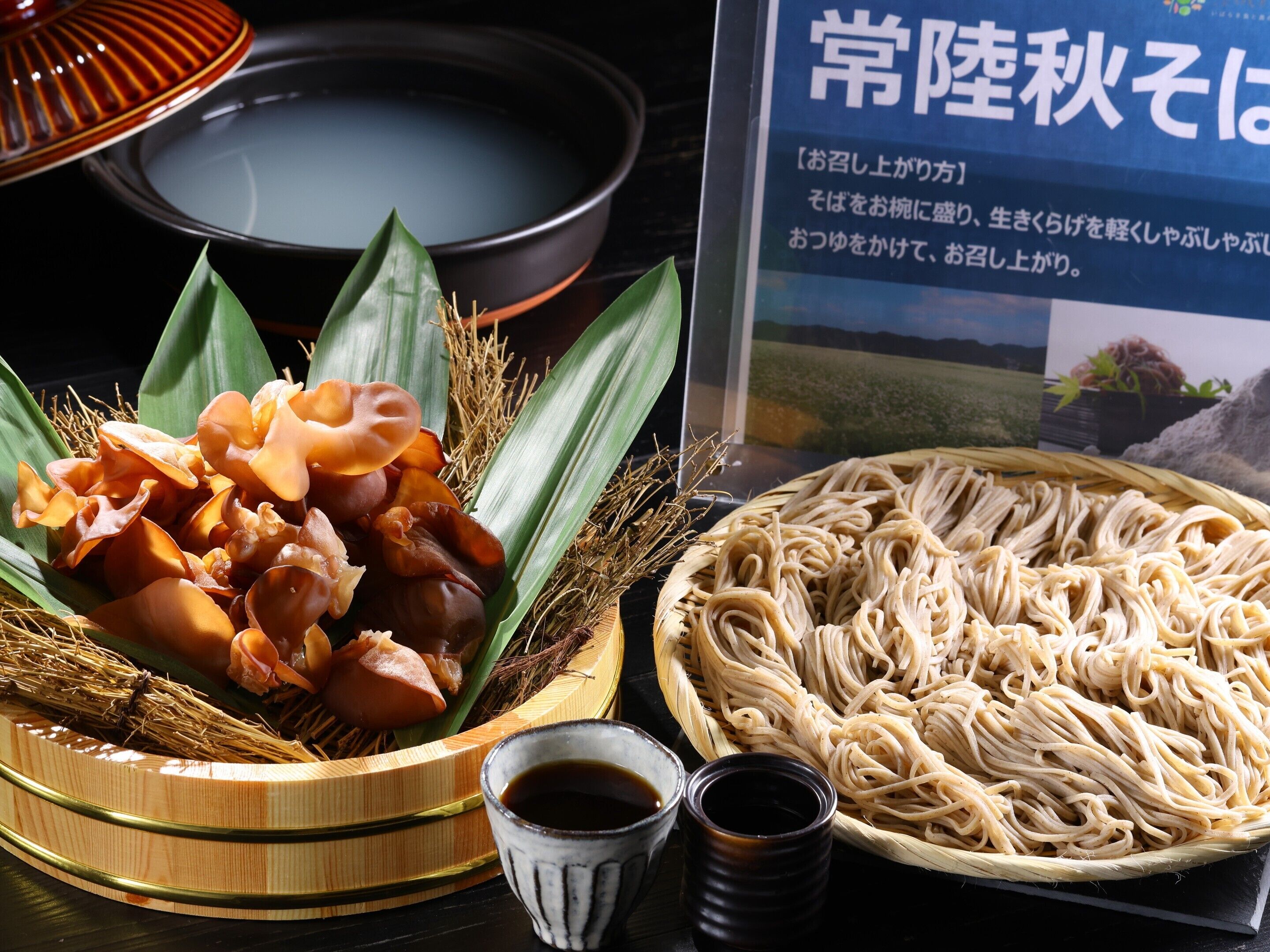 A traditional Japanese meal with a bowl of noodles, a dish of pickled vegetables, and a small bowl of soy sauce.