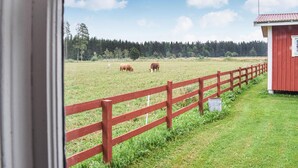 Paisaje rural con una valla de madera roja, un pequeño edificio rojo y dos vacas pastando en un campo.
