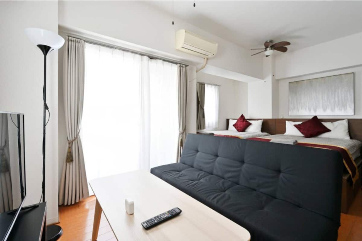 A hotel room with a bed, a sofa, a TV, and an air conditioning unit.