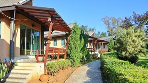 A residential property with a covered porch, a stone pathway, and a well-maintained garden. - The Breath Chiangdao (Chiang Dao)