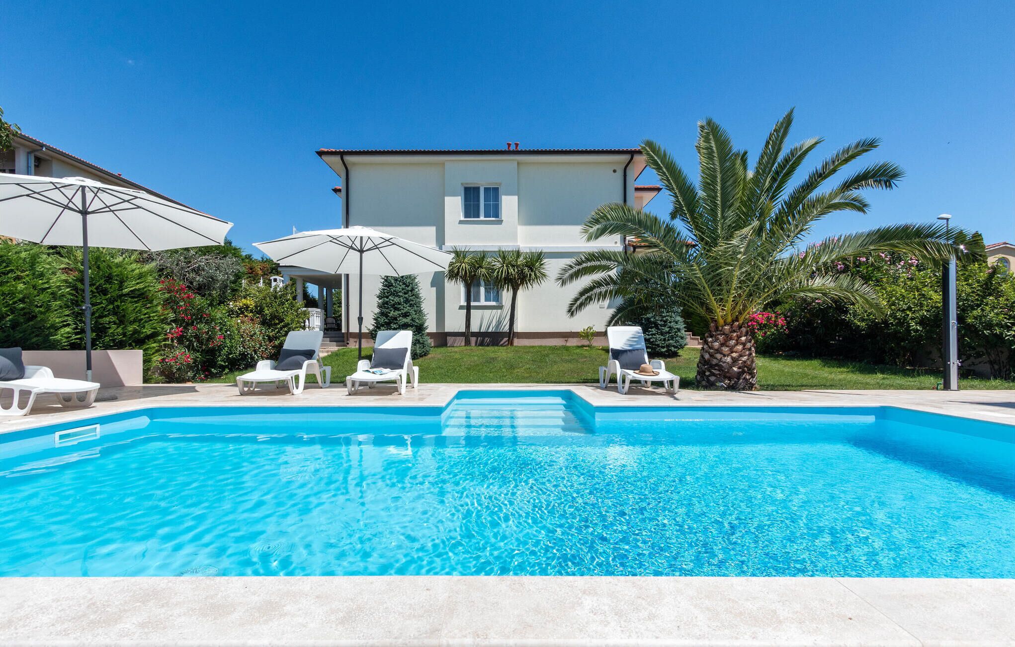 A swimming pool with lounge chairs and umbrellas, surrounded by palm trees and a two-story building.