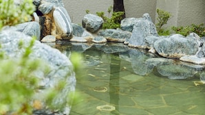 Ein klarer Teich mit Steinen und einem kleinen Wasserfall, umgeben von viel Grün.