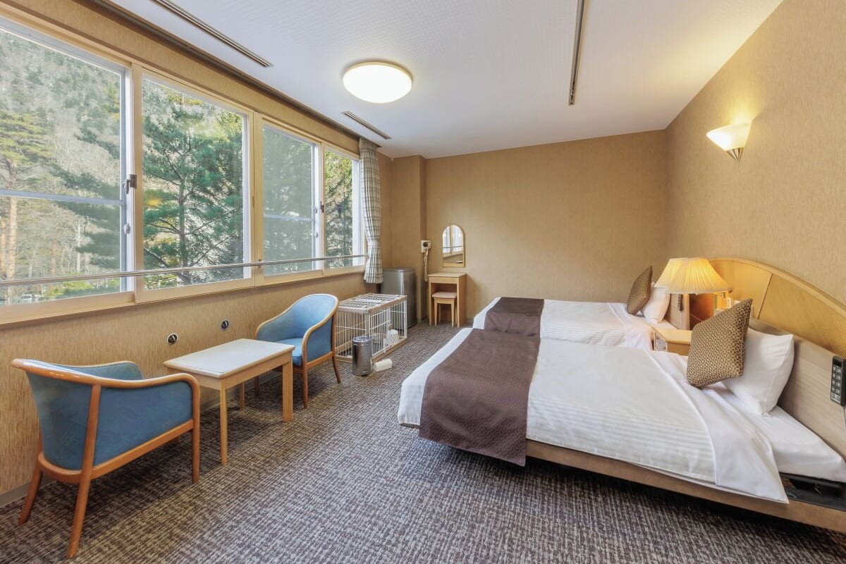 Une chambre d’hôtel comprenant un lit, un bureau, deux chaises, une fenêtre donnant sur des arbres et une table de chevet avec une lampe.