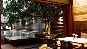 Un espace aménagé au bord de la piscine, avec une table et des chaises, un arbre et une vue sur la piscine.