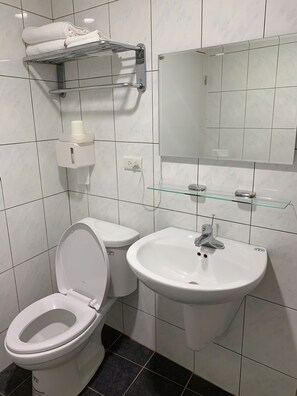 Une salle de bain moderne équipée de toilettes, d’un lavabo et d’une étagère en verre au-dessus du lavabo.
