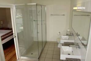 A modern bathroom with a glass-enclosed shower, a toilet, and a sink.