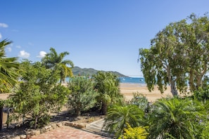 Una playa con palmeras y vista al mar.