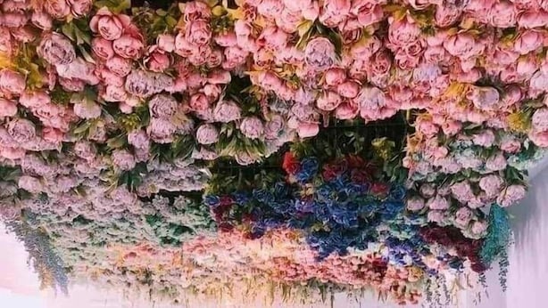 A room with a ceiling covered in colorful flowers, a dining area with chairs and tables, and a person holding a white object. - Dream Valley (Beinan)