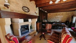 Ein gemütliches Wohnzimmer mit Kamin, roten Polstersesseln, einem gemusterten Sofa und einem Essbereich im Hintergrund.