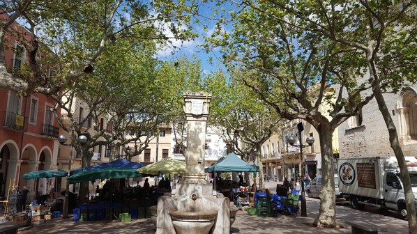 Una fuente histórica en una plaza bordeada de árboles, con puestos de mercado y un camión estacionado cerca.